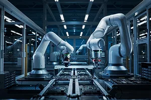 Robot Arms on Fully Automated PCB Assembly Line Inside Modern Electronics Factory