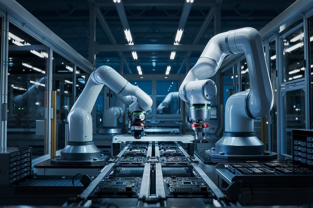 Robot Arms on Fully Automated PCB Assembly Line Inside Modern Electronics Factory