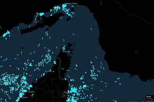 A MAP IN BLACK SHOWS HUNDREDS OF BLUE DOTS