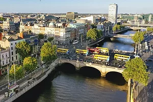 Dublin aerial view with Liffey river and O'Connell bridge during sunset