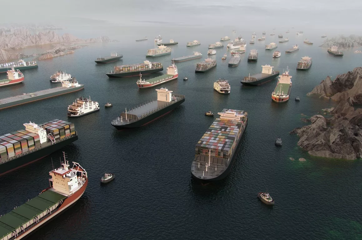 tankers and container cargo ships clustered in aerial 3D illustration render. 