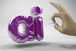 A HAND HOLDING A LONG PIN APPROACHES PURPLE MYLAR BALLOONS IN THE SHAPE OF THE LETTERS A AND I