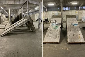 Two large concrete slabs sitting next to each other in a warehouse
