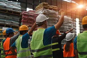 A group of people in a warehouse wearing yellow safety vests and hard hats, holding their fists in the air