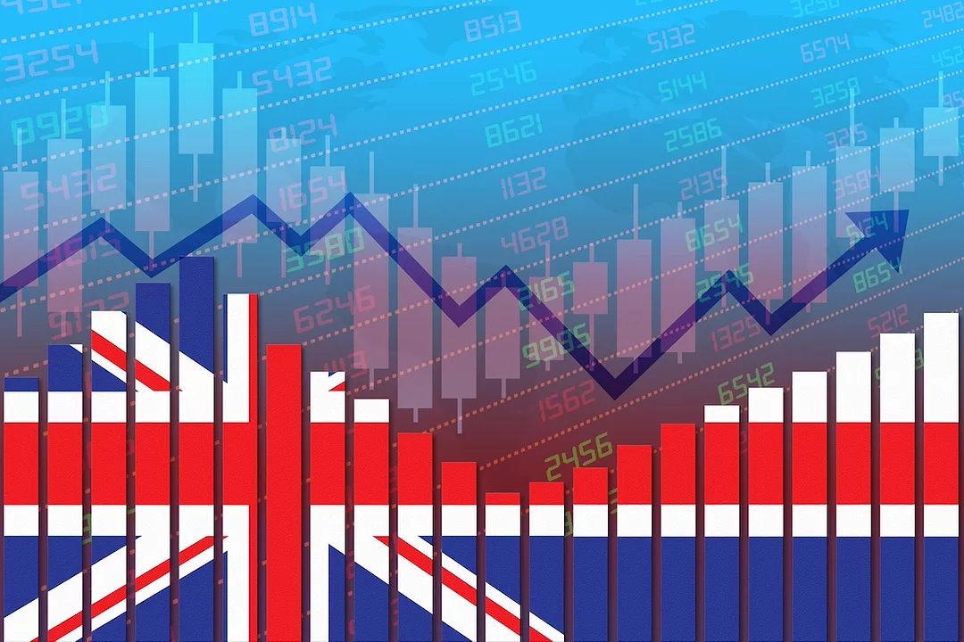 A bar graph with an image of the UK flag interposed on top, in front of a smattering of economic data