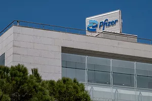 AN OFFICE BUILDING BEARS THE PFIZER LOGO
