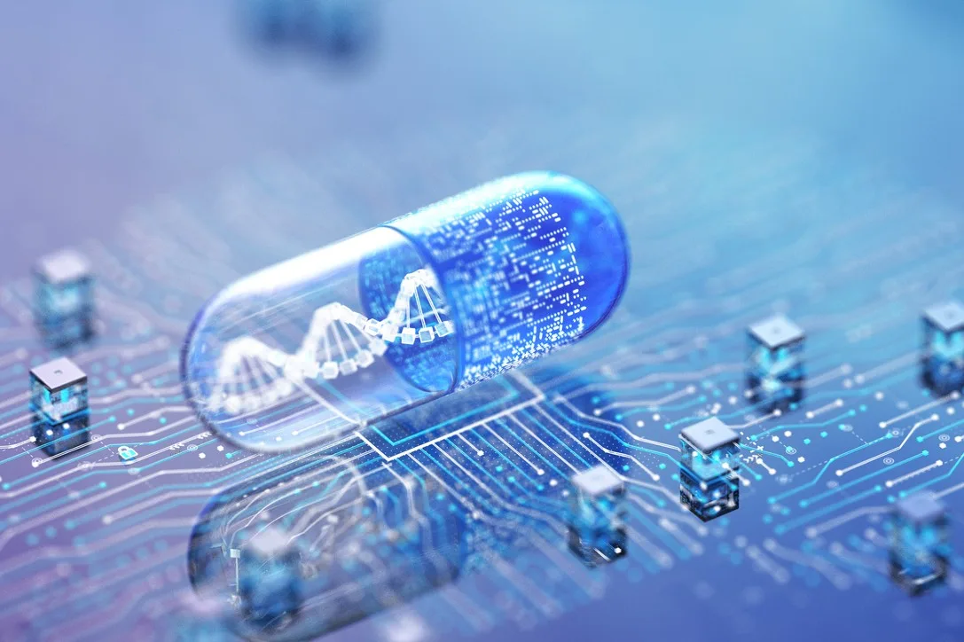 A CIRCUITBOARD INCLUDES A CAPSULE CONTAINING A MODEL OF THE DNA DOUBLE HELIX