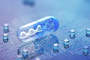A CIRCUITBOARD INCLUDES A CAPSULE CONTAINING A MODEL OF THE DNA DOUBLE HELIX