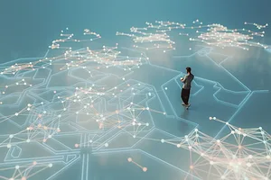 oung man walking and listening to music in VR environment of bright lines stretching out in enormous complexity