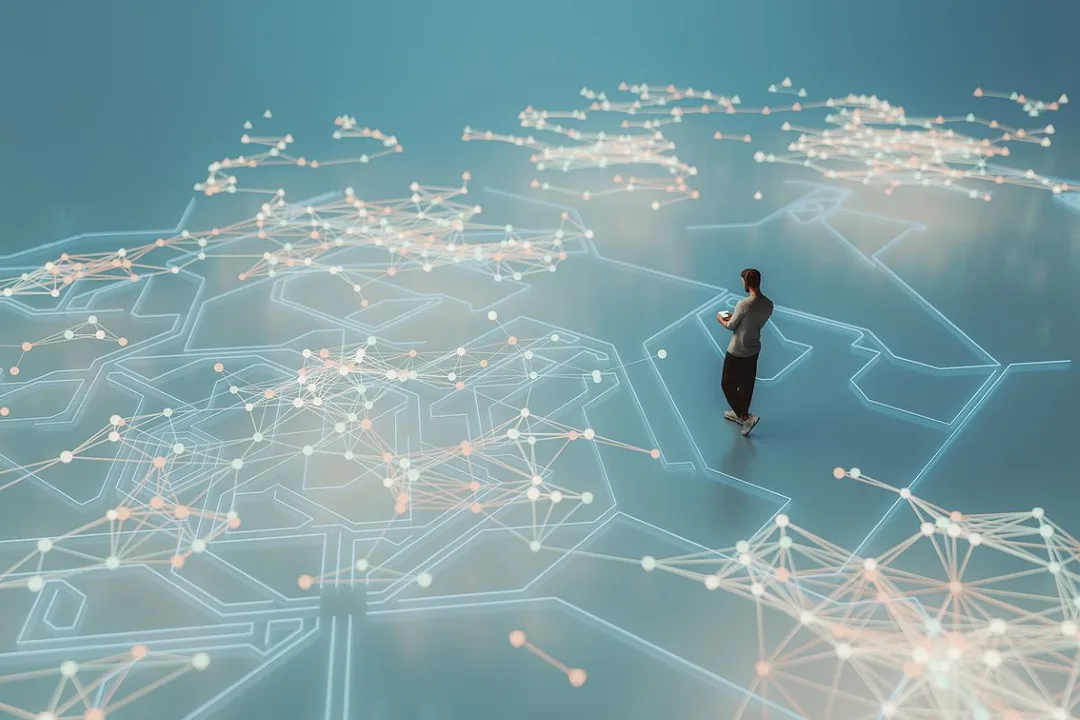 oung man walking and listening to music in VR environment of bright lines stretching out in enormous complexity