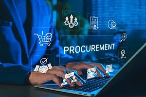 HANDS OPERATE A COMPUTER KEYBOARD, OVERLAIN WITH IMAGES OF PROCUREMENT ACTIVITIES