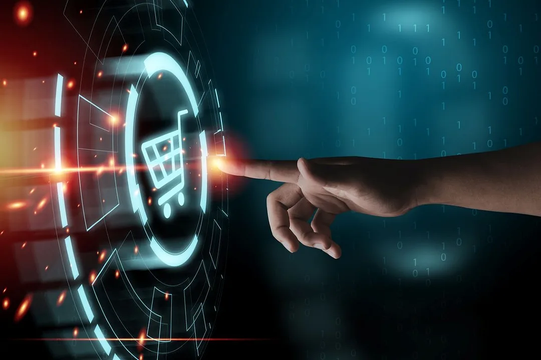 A hand touches a screen with virtual info graphics with trolley cart icons.