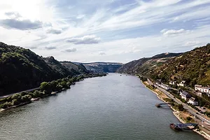 A wide view of the Rhine River on a cloudy day, with green forests lining the left and right banks
