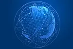 A DIGITAL 3D EARTH WITH PROTECTIVE BRIGHT BLUE LINES ENCIRCLING IT
