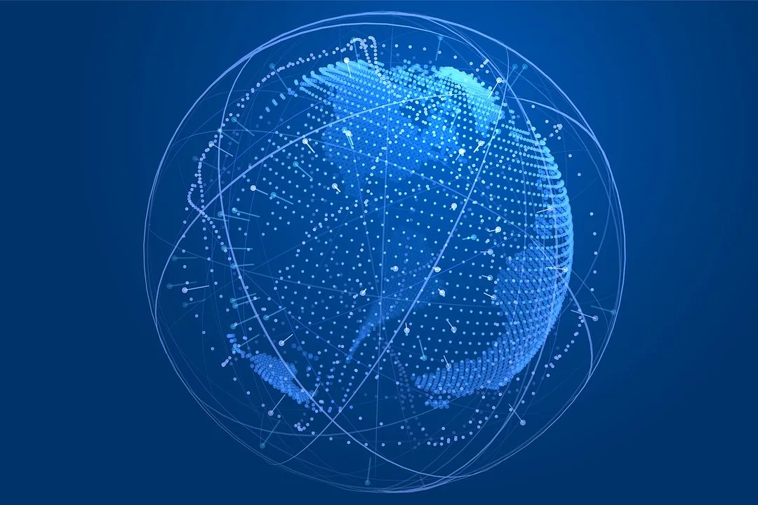 A DIGITAL 3D EARTH WITH PROTECTIVE BRIGHT BLUE LINES ENCIRCLING IT