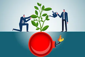 two businessmen watering what look like healthy seedlings, but which grow from bombs underground