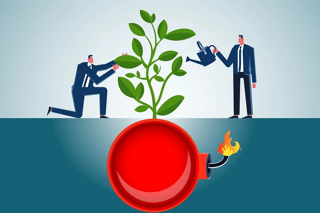 two businessmen watering what look like healthy seedlings, but which grow from bombs underground