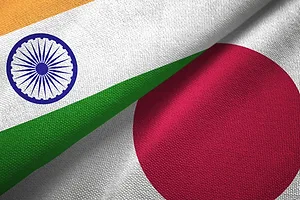 The flags of India and Japan interposed against each other diagonally