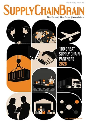 A magazine cover that reads "SUPPLYCHAINBRAIN" across the top, with a gridded design of people shaking hands, airplanes, cargo ships, and semi trucks moving shipments