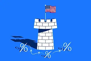 An image of a Tower flying an american flag surrounded by percentage symbols and barbed wire