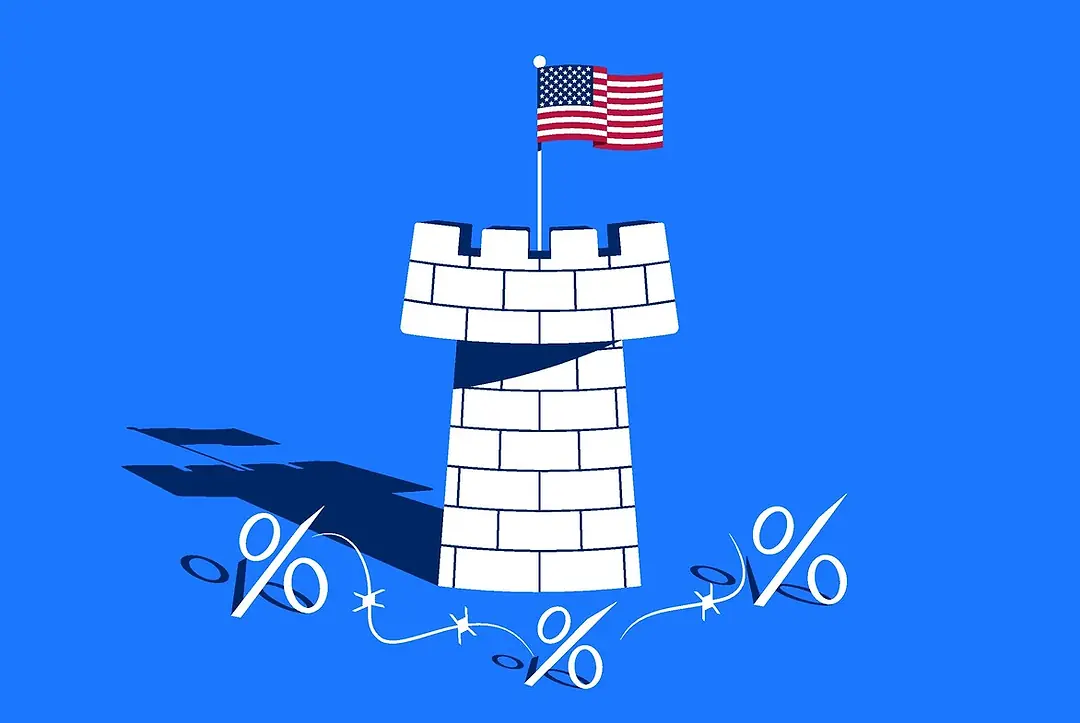 An image of a Tower flying an american flag surrounded by percentage symbols and barbed wire
