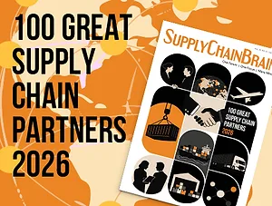 An orange square depicting an edition of the SupplyChainBrain magazine, with a label that reads "100 Great Supply Chain Partners 2026" 