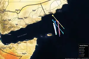 A MAP OF THE ENTRANCE TO THE RED SEA SHOWING THE PATH OF SEVERAL SHIPS TURNING AROUND