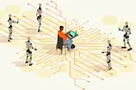 artificial-intelligence-adoption-iStock-2264217004.jpg A cartoon illustration of a man sitting at a desk in front of a laptop, surrounded by five faceless humanoid robots