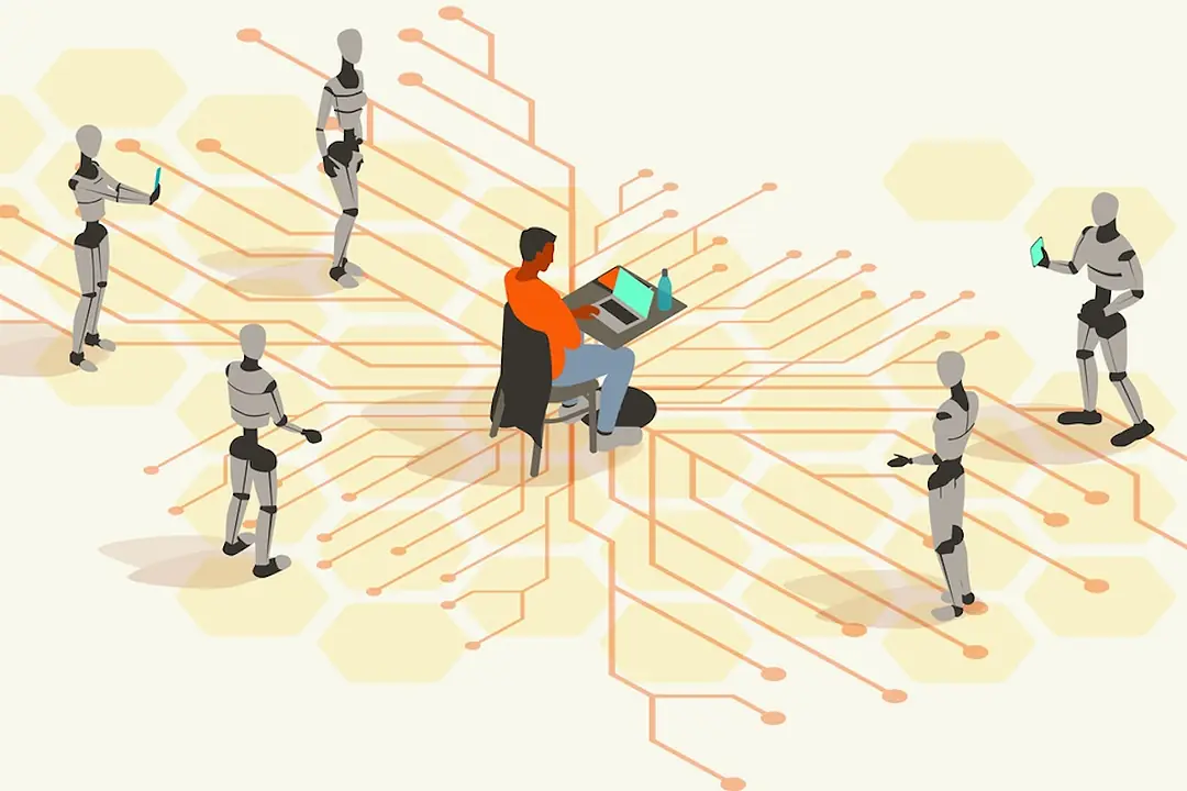 A cartoon illustration of a man sitting at a desk in front of a laptop, surrounded by five faceless humanoid robots