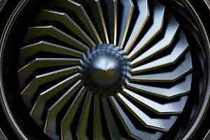 A jet engine turbine seen close-up in a metallic finish.