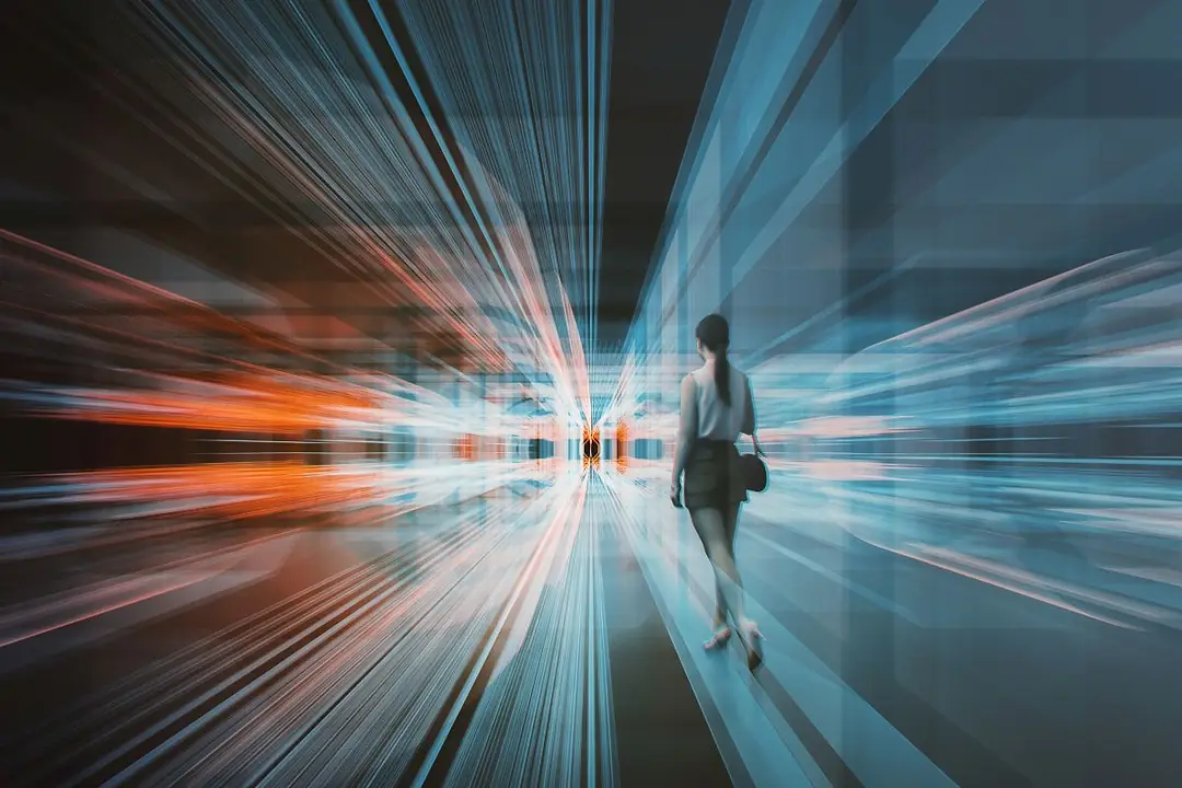A YOUNG WOMAN WALKS INTO A TUNNEL OF GLOWING LINES