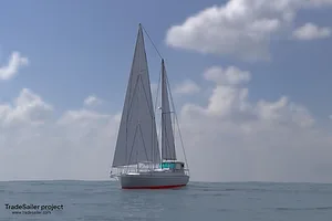 A BOAT WITH TWO SAIL MASTS PLIES THE SEA