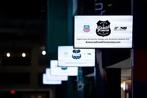 A ROW OF LIGHTED SIGNS BEARING THE UNION PACIFIC AND NORFOLK SOUTHERN LOGOS