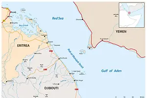 AN ORANGE AND BLUE MAP SHOWS THE RED SEA WITH COASTAL COUNTRIES YEMEN, DJIBOUTI AND ERITREA