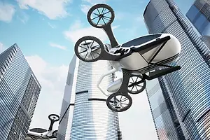 A white flying car soaring above a downtown cityscape