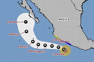 A map depicting the path of a hurricane off the Pacific Coast of Mexico