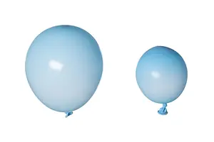 A BLUE FULLY INFLATED BALLOON SITS NEXT TO A BLUE BALLOON THAT'S PARTIALLY INFLATED