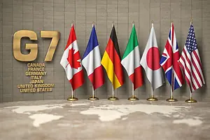 A row of flags of members of G7 group of seven and a list of the member countries