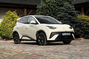 A CREAM AND BLACK SHINY CAR SITS PARKED ON A TREE-LINED, COBBLED STREET