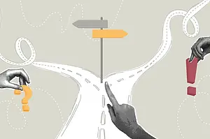 Trendy halftone collage. Human hands interacting with a road and signs.