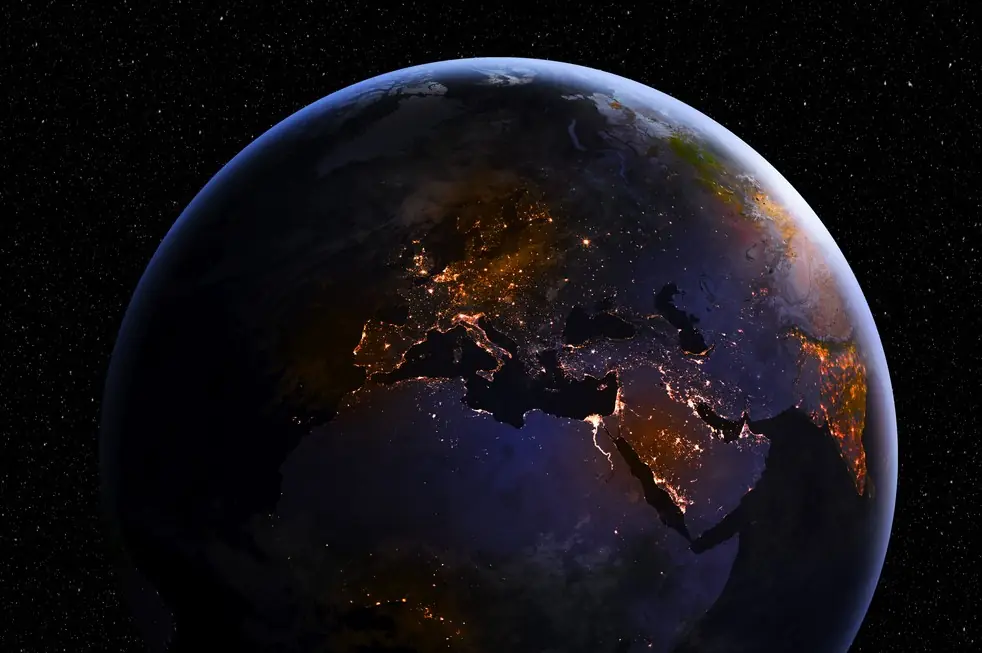 Planet earth from space showing realistic earth surface and world map as in outer space point of view