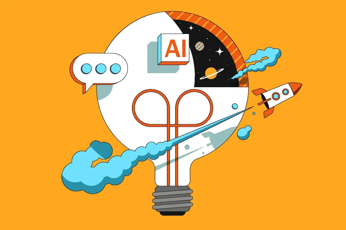 A graphic depicting a lightbulp, with "AI" written across the top, and a cartoon rocketship flying across the base of the bulb